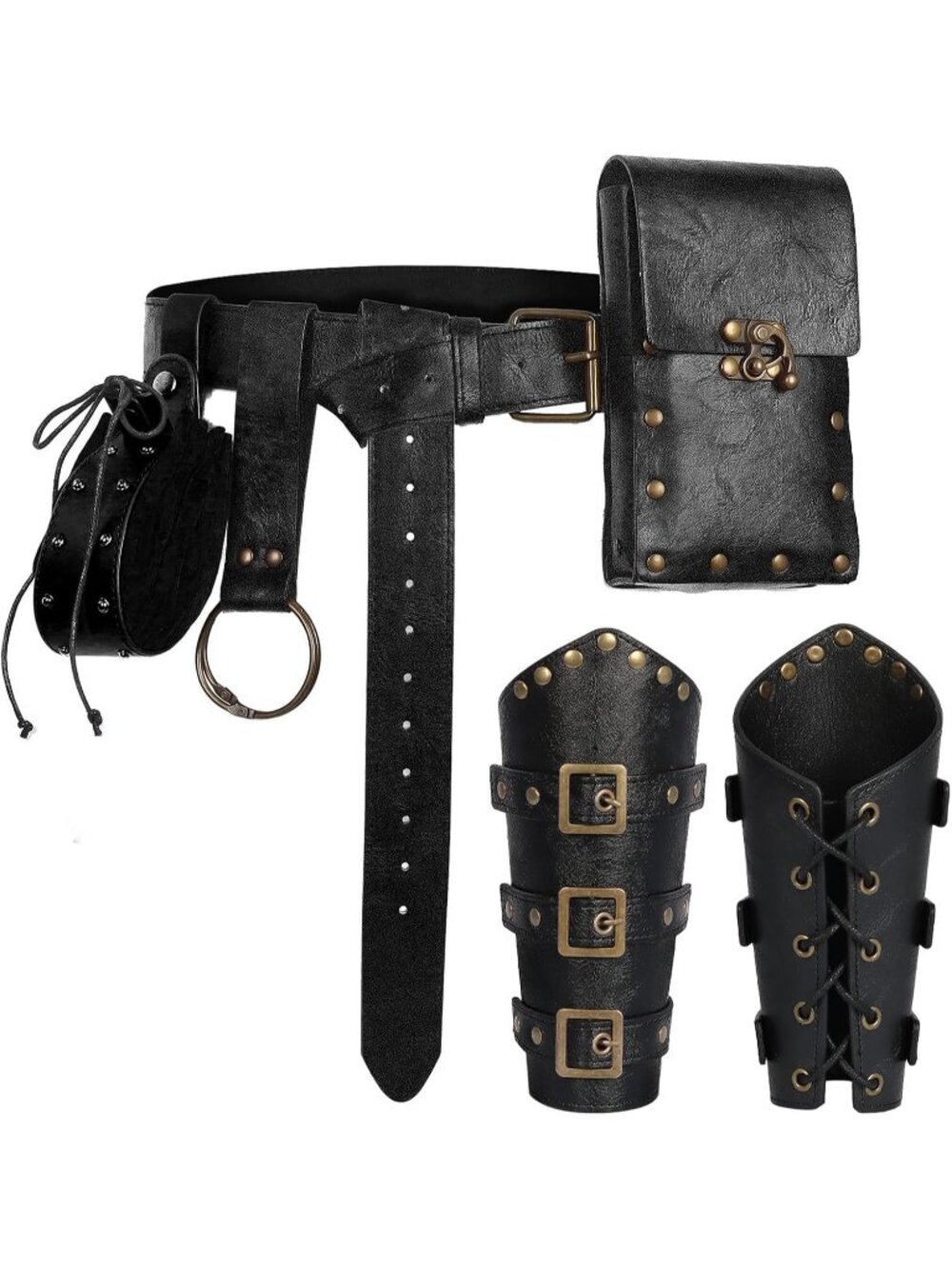 Renaissance Black Belt Pouch Set Studded Bracers, Belt Pouch & Drawstring Bag